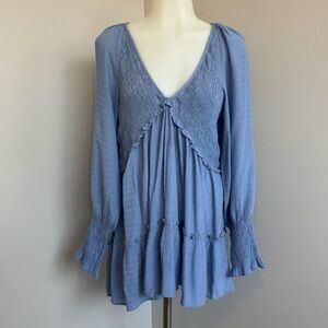 Mustard Seed Light Blue Smocked Blouse Tunic Top